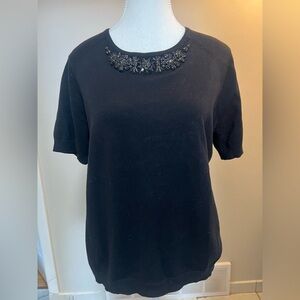 Tara Jarmon Paris Embellished Black Top ✨ Beaded Jewel Neck Luxe Blouse Size L